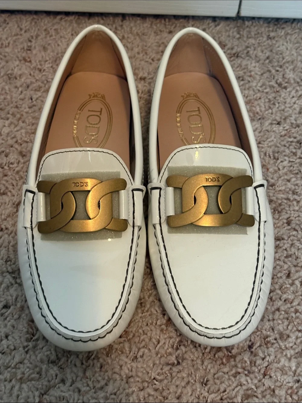 Tod's White Parent Leather Horsebit Boat Loafers Kate Gommino Heritage Designer